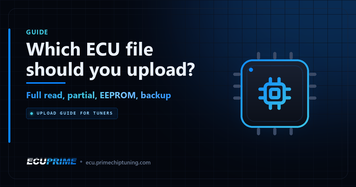 EcuPrime guide cover: which ECU file to upload - full read, partial read, EEPROM, full backup