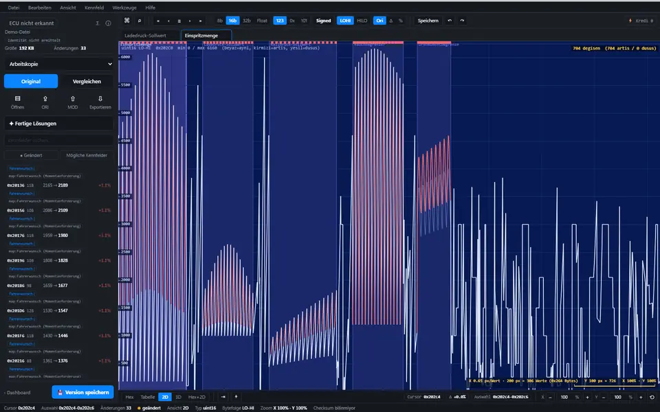 ECUPrime Studio 2D-Ansicht mit Differenzliste: ORI/MOD-Kurven und geänderte Adressen