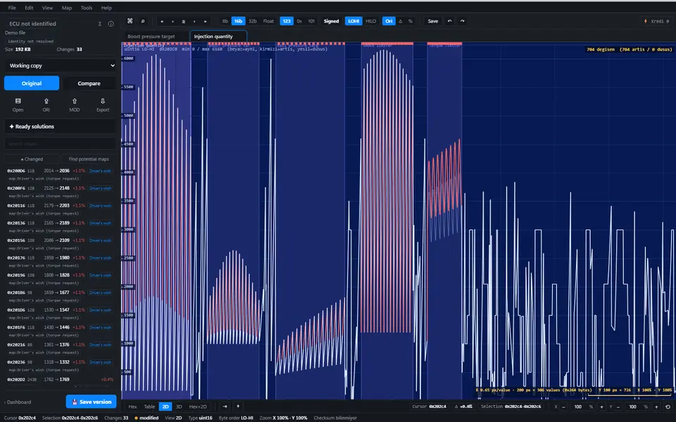 ECUPrime Studio 2D view and differences list: ORI/MOD curves and changed addresses