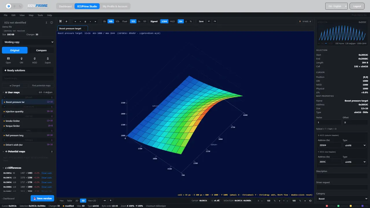 Real ECUPrime Studio screen: boost pressure target map in 3D view with user maps and differences list