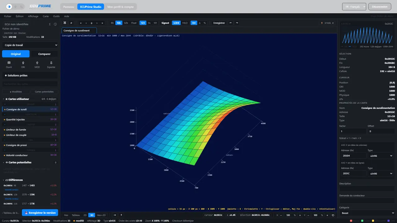 Écran réel d'ECUPrime Studio : cartographie de consigne de suralimentation en 3D, cartes utilisateur et liste des différences