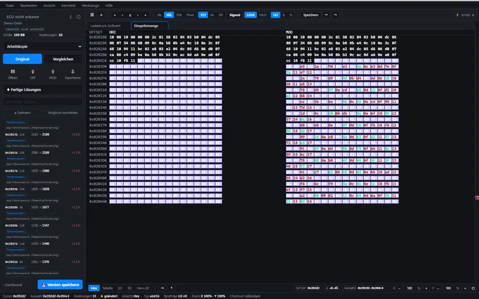 ECUPrime Studio Hex-Ansicht: ORI und MOD nebeneinander, Abweichungen farbig