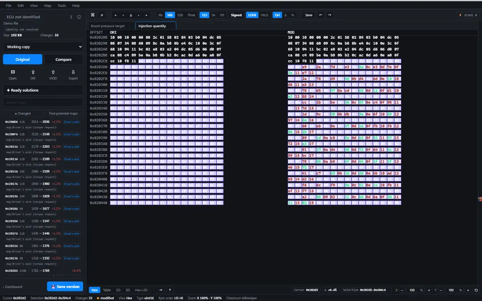 ECUPrime Studio hex view: ORI and MOD side by side with differences highlighted