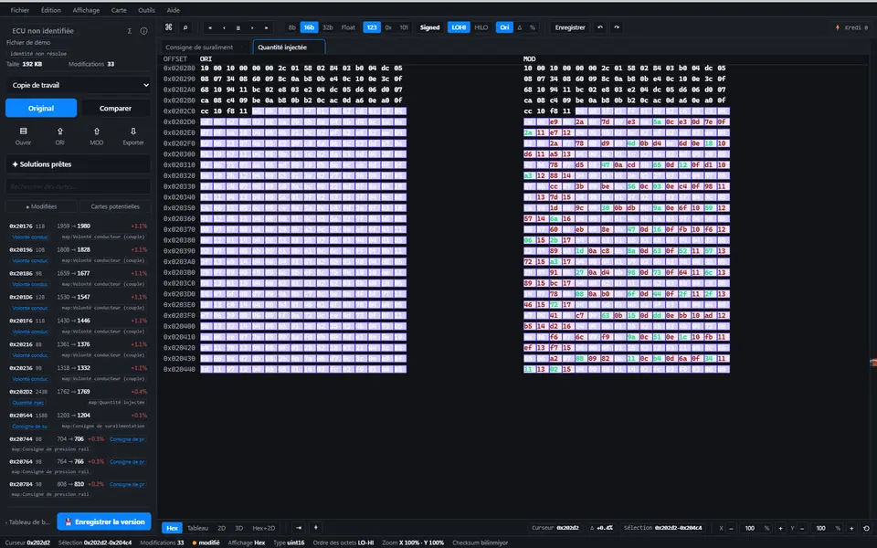 Vue hex d'ECUPrime Studio : ORI et MOD côte à côte, différences en couleur